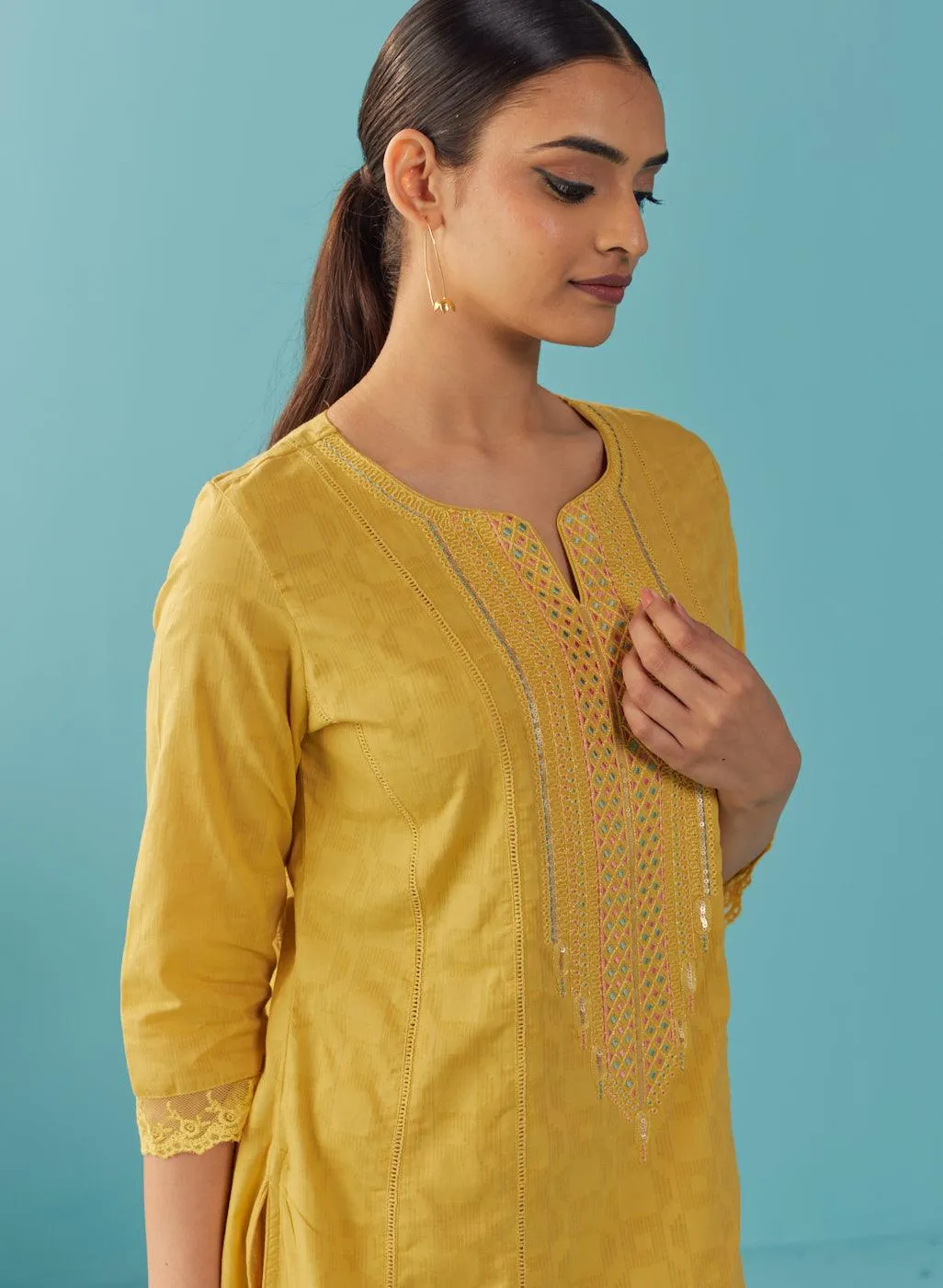 Mustard Textured Kurta set with Multicolor Embroidery