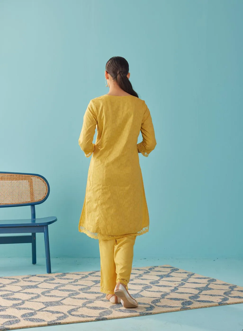 Mustard Textured Kurta set with Multicolor Embroidery