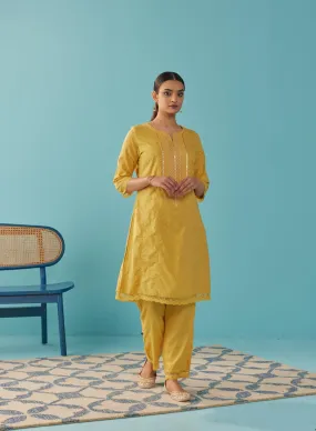 Mustard Textured Kurta set with Multicolor Embroidery
