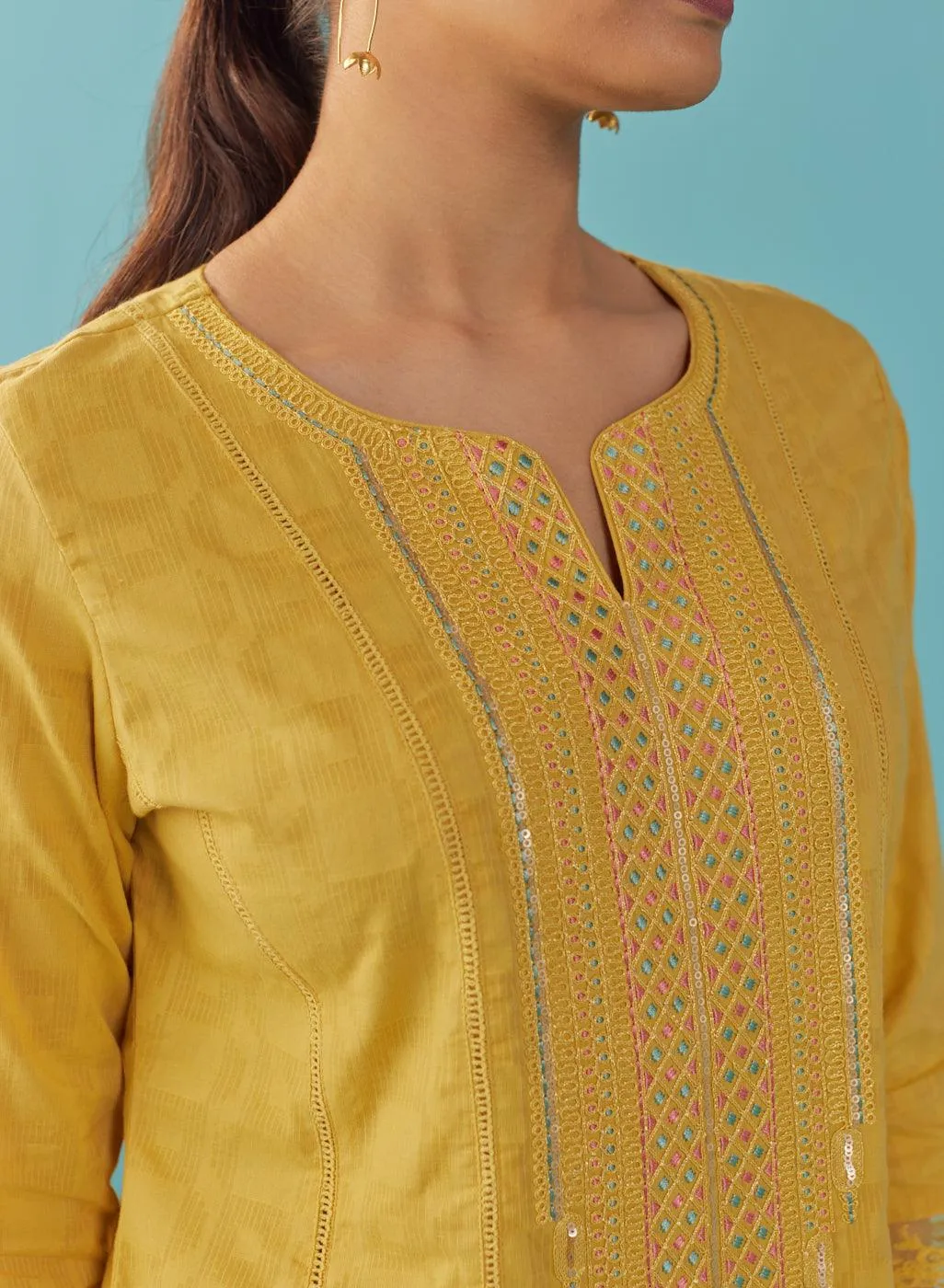 Mustard Textured Kurta set with Multicolor Embroidery
