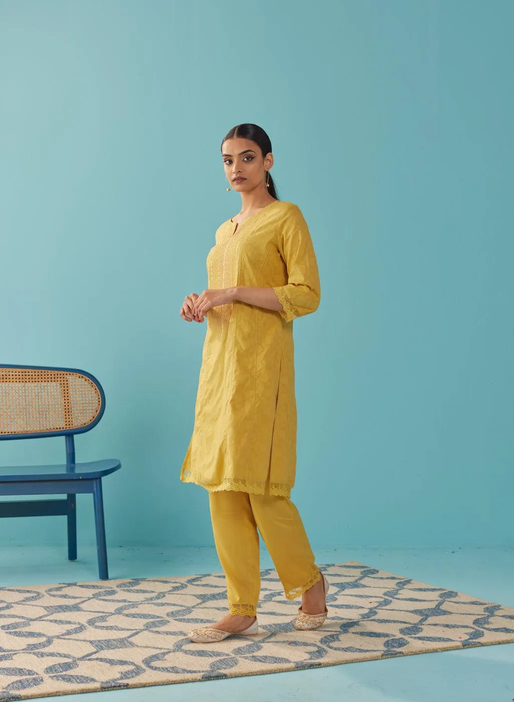 Mustard Textured Kurta set with Multicolor Embroidery