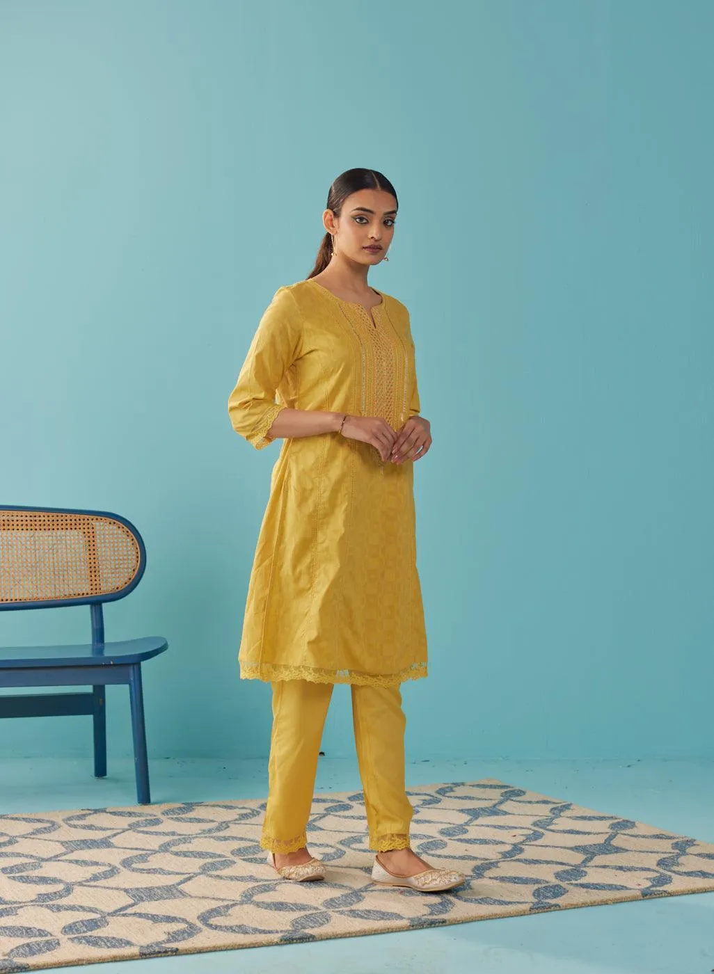 Mustard Textured Kurta set with Multicolor Embroidery
