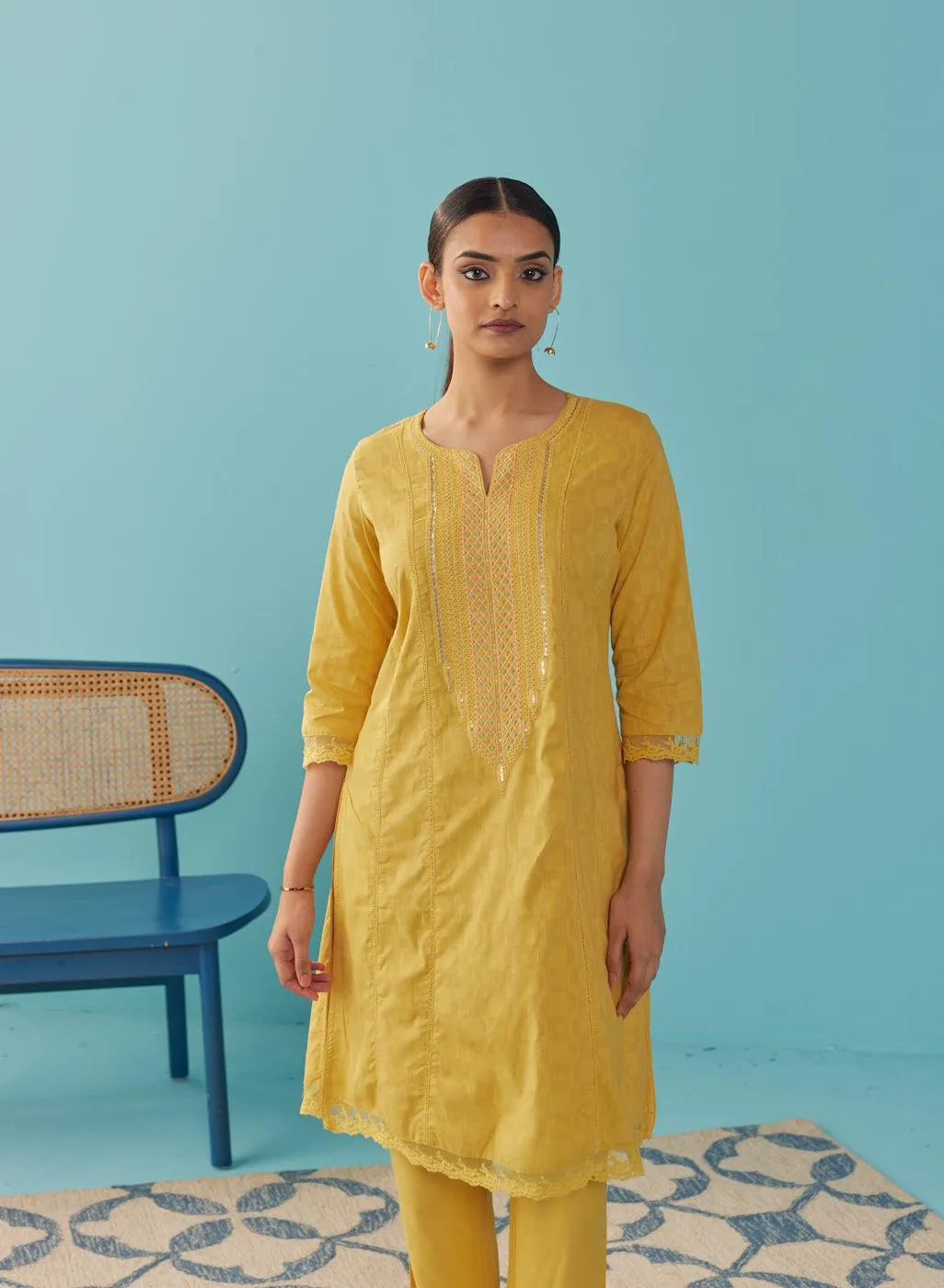 Mustard Textured Kurta set with Multicolor Embroidery