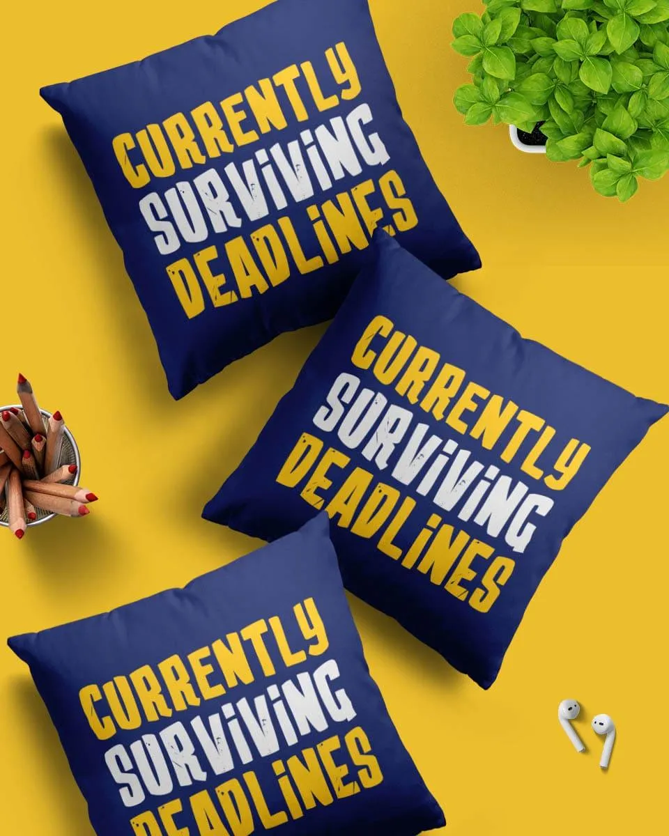 Navy Blue Cushion Cover With Text Currently Surviving Deadlines