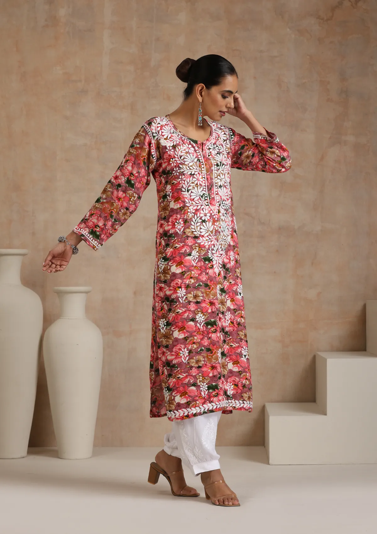 Rayon Chikankari Printed Women's Long Kurta - Multicolor