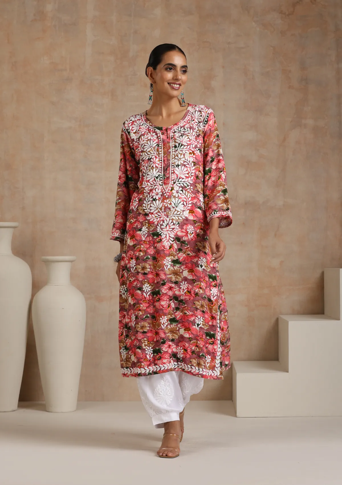 Rayon Chikankari Printed Women's Long Kurta - Multicolor