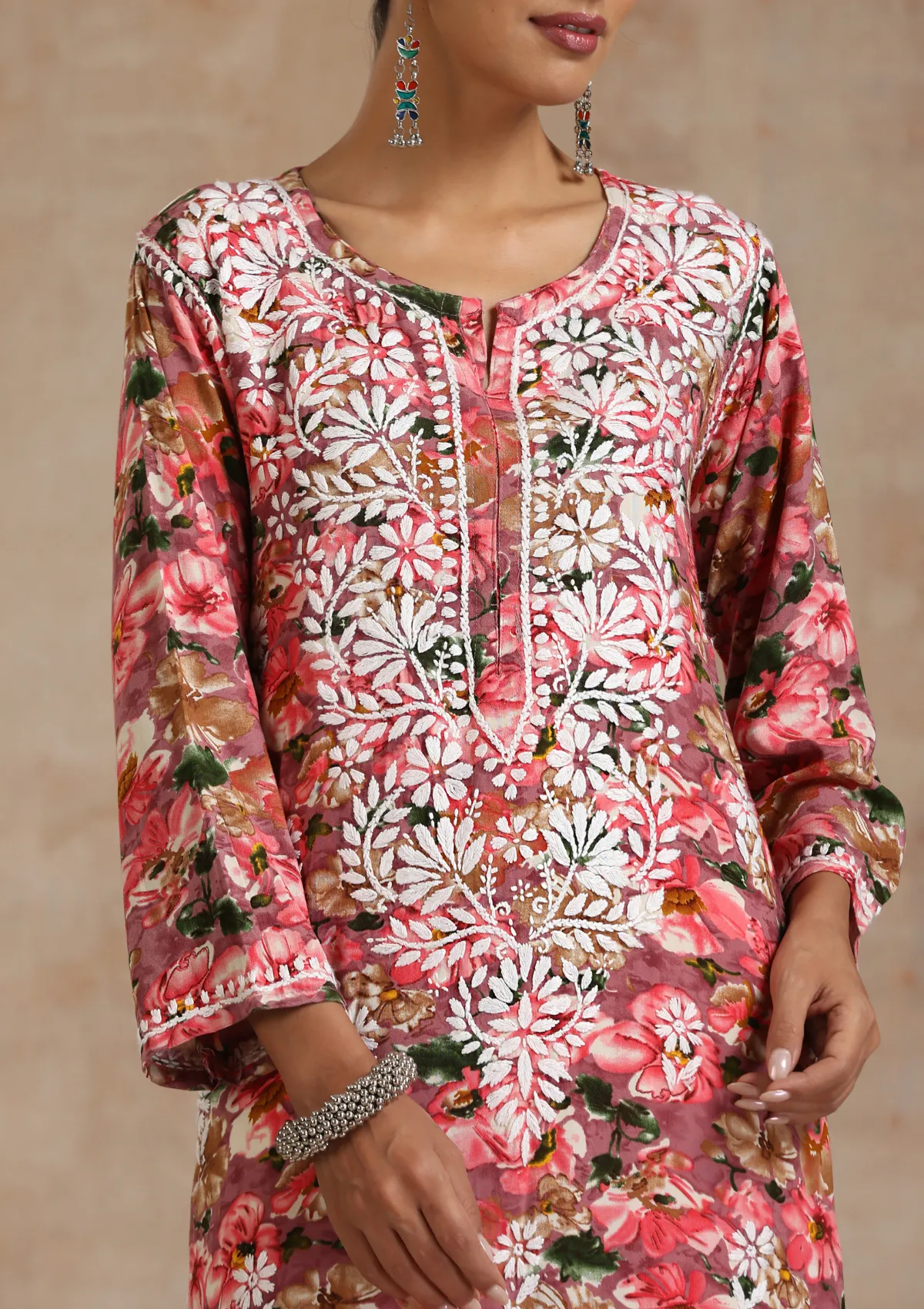 Rayon Chikankari Printed Women's Long Kurta - Multicolor
