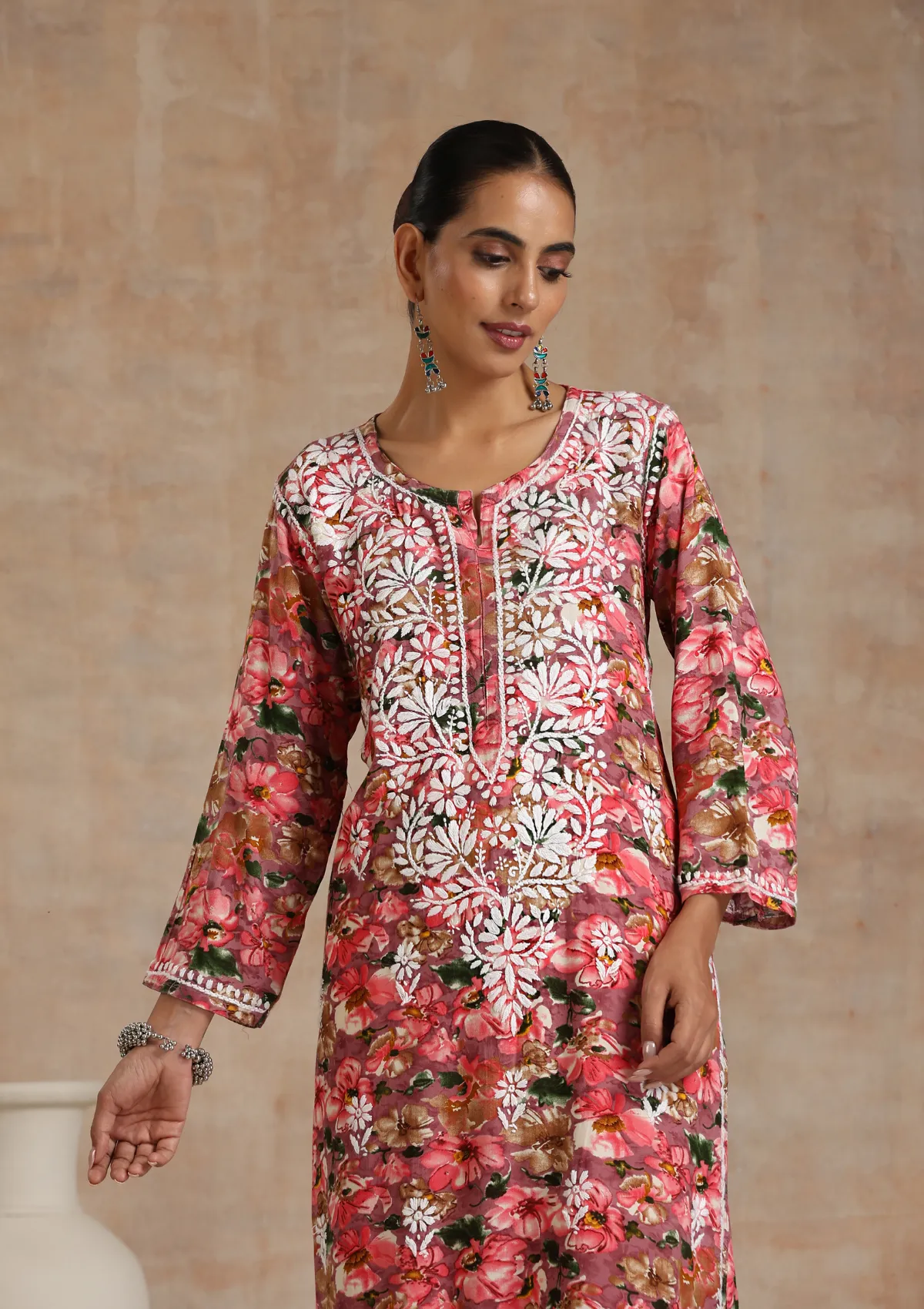 Rayon Chikankari Printed Women's Long Kurta - Multicolor