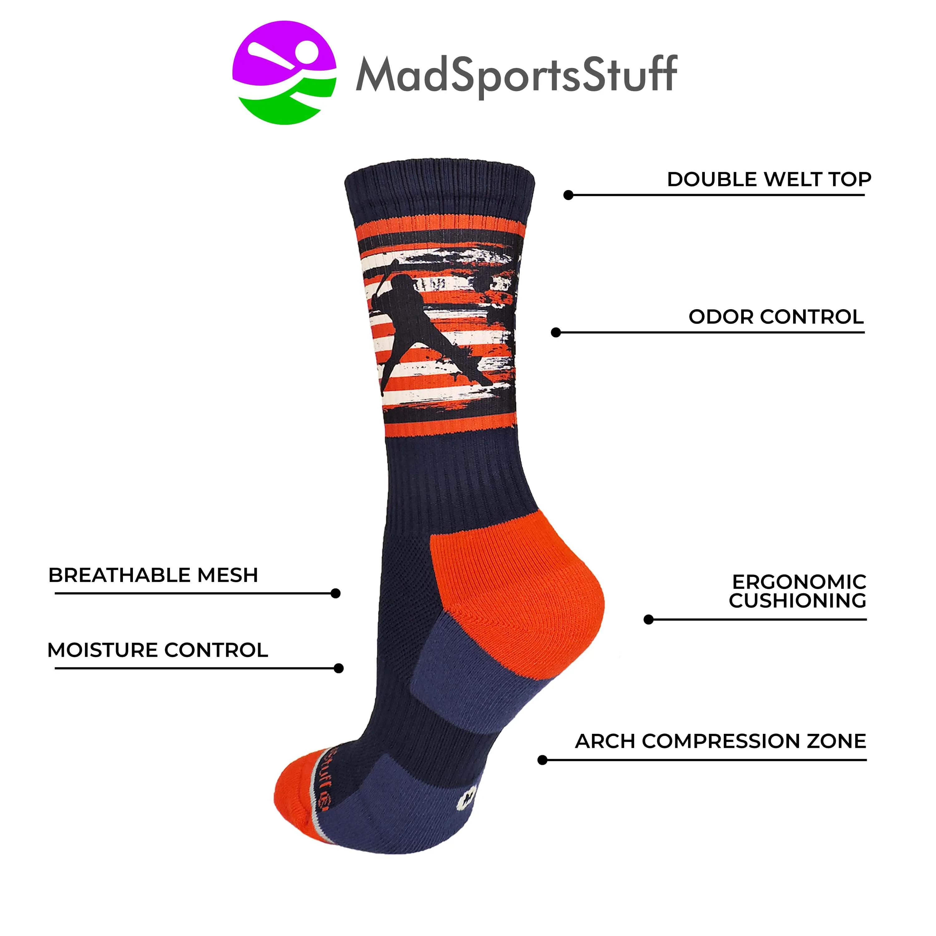 USA Flag Baseball Player Athletic Crew Socks