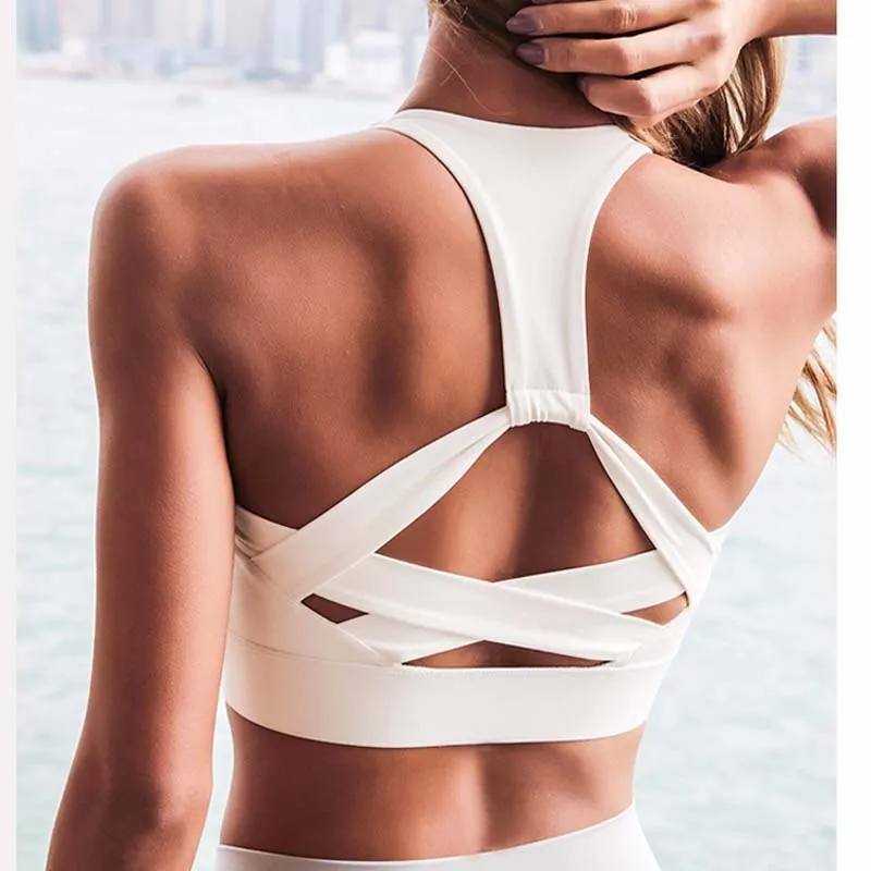  Women White Strap Push Up Sports Bra for Women Gym Running yoga top Bra Athletic Vest Hollow out Sportswear Underwear