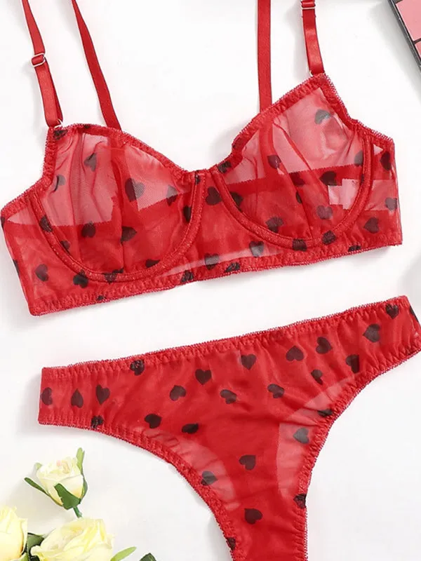 Women's Mesh Heart Print Lingerie Set