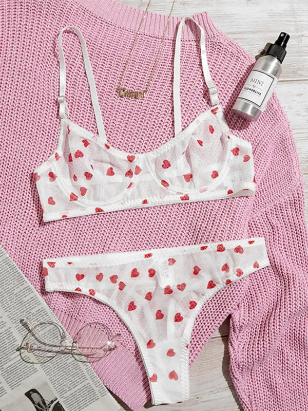 Women's Mesh Heart Print Lingerie Set
