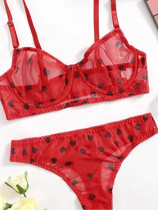 Women's Mesh Heart Print Lingerie Set