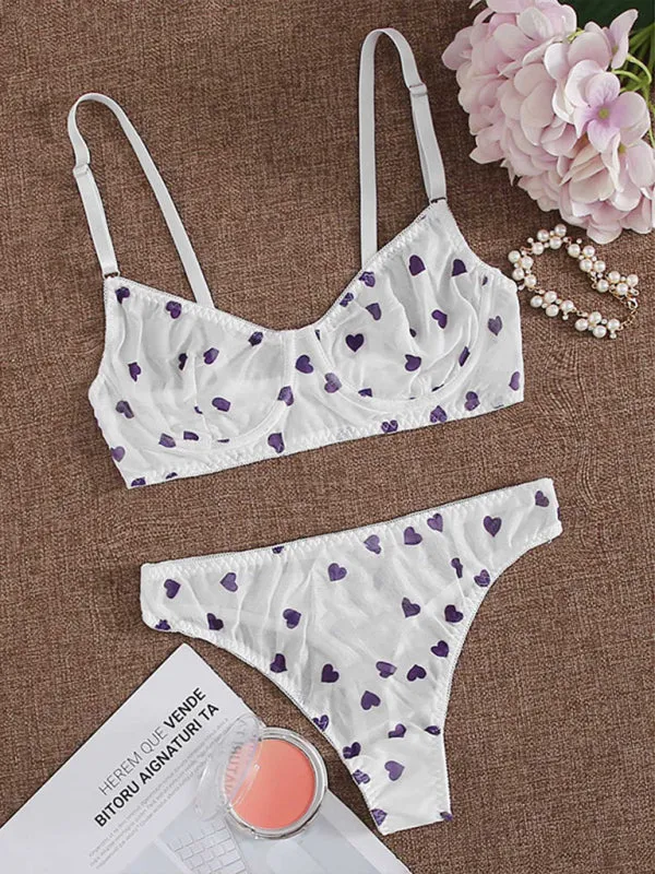 Women's Mesh Heart Print Lingerie Set