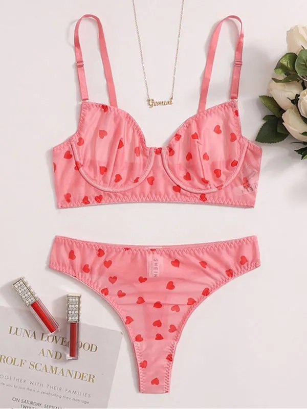 Women's Mesh Heart Print Lingerie Set