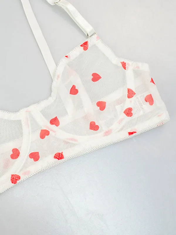 Women's Mesh Heart Print Lingerie Set