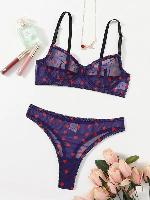 Women's Mesh Heart Print Lingerie Set