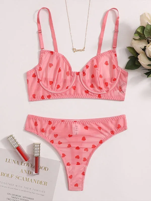 Women's Mesh Heart Print Lingerie Set