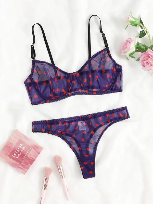 Women's Mesh Heart Print Lingerie Set